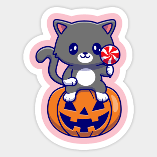 Cute Cat Sitting On Pumpkin Halloween Holding Candy  Cartoon Sticker